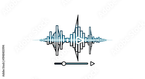 Abstract Digital Audio Waveform with Play and Stop Controls, Multicolored Sound Equalizer on isolated white background.