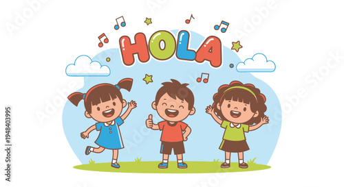 Group of Happy Smiling Children Waving and Greeting with "HOLA" Text and Musical Notes in Bright Outdoor Setting.