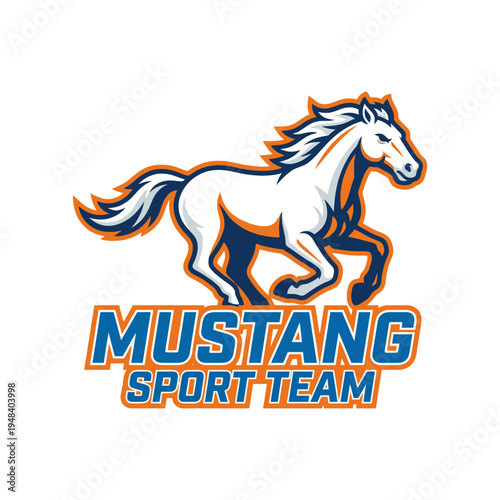 This vibrant logo features a running white mustang with a sleek design, symbolizing strength and agility, perfect for a sports team branding identity.