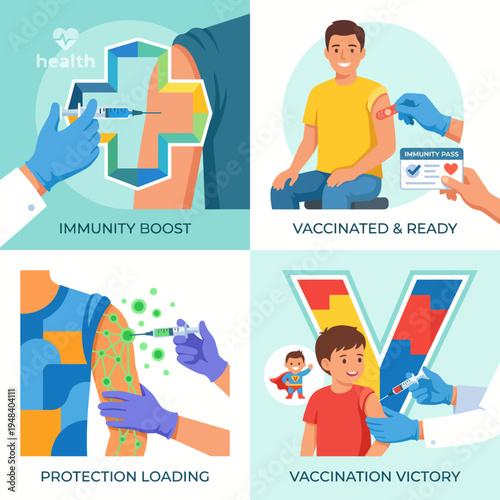 An informative illustration depicting the vaccination process, focusing on immunity boosts, kids, and health assurance, promoting the benefits of vaccinations for public health.