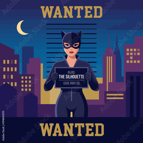 A stylish illustration portraying a female character on a wanted poster, showcasing urban elements and a nighttime cityscape, representing a modern, playful take on classic noir themes.