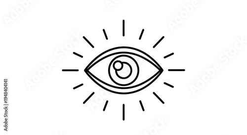 Simple Line Art of an Eye with Radiating Lines Symbolizing Clear Vision and Insight, Isolated White Background.