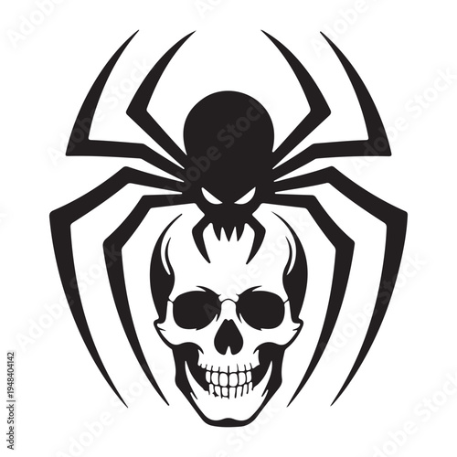 Aggressive Spider Silhouette with Human Skull for Gaming and Gothic Branding