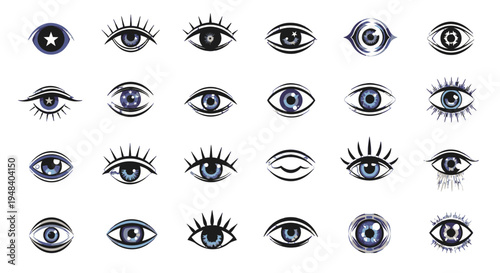 Diverse Set of Realistic and Stylized Human Eyes with Blue and Green Irises, Isolated White Background.