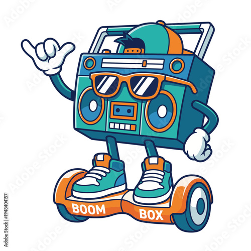 A fun, animated boombox character with sunglasses, riding a hoverboard, blending retro music culture with modern lifestyle elements to evoke a sense of youthful energy.