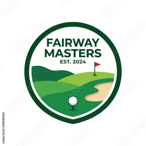 A fresh logo design for the Fairway Masters Golf Tournament, showcasing a scenic golf course landscape, highlighting sportsmanship and competition in a prestigious setting.