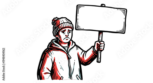 Sad Man in Winter Attire Holding a Blank Protest Sign, Isolated White Background.