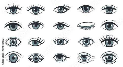 Large collection of diverse cartoon eyes with eyelashes, isolated white background