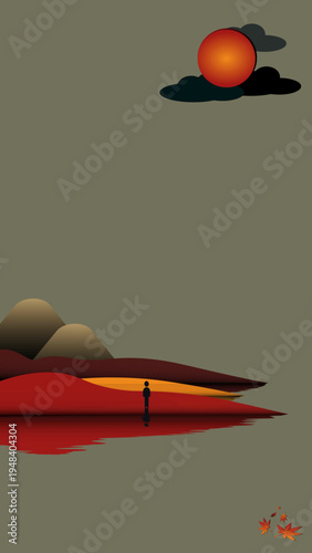 Minimalist vector landscape illustration of a solitary man by a red lake, watching a large orange sun and clouds, with falling autumn leaves, for meditation app interfaces, peaceful digital wallpapers