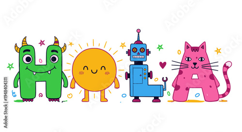 Cute playful monster, sun, robot, and cat characters forming the word H-O-L-A, on isolated white background.
