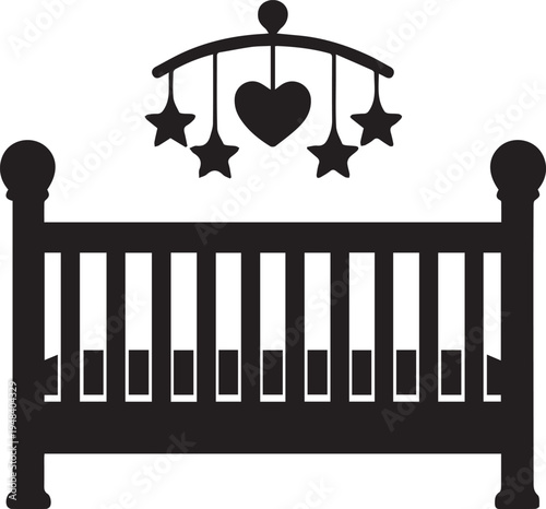 A simple black silhouette icon of a baby crib with a decorative hanging mobile above the furniture