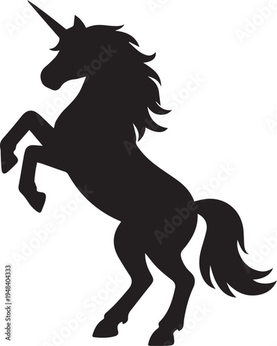 A minimalist black silhouette of a majestic unicorn rearing up on its hind legs on white background