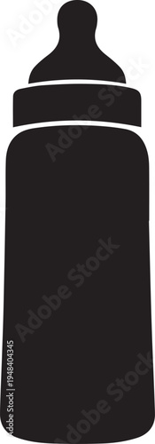 A minimalist black silhouette icon of a baby bottle used for feeding infants and young toddlers
