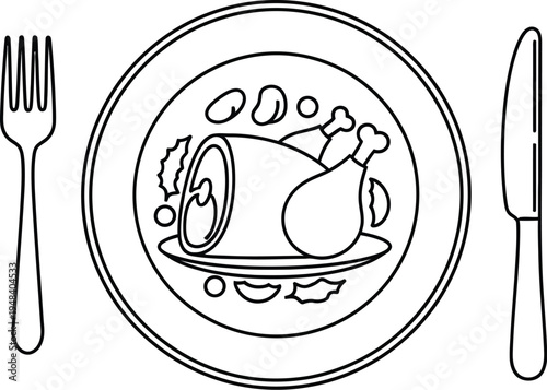 Simple line drawing of a plate with food and utensils on a table setting