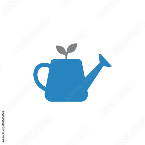 A blue watering can with a small green plant growing out of it on a white background, conveying a fresh and natural mood with a minimalist flat design.