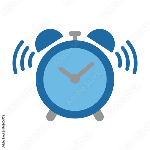 A blue and gray alarm clock ringing with sound waves on a white background in a flat illustration style.