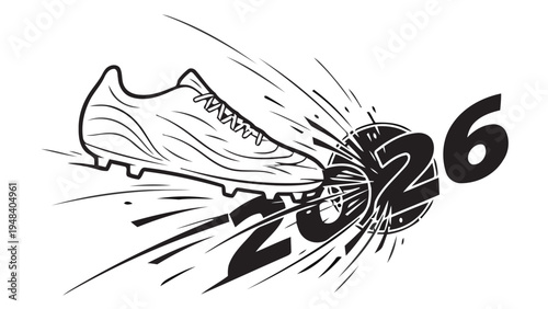 A football kicks a ball with the year 2026 in a dynamic illustration.