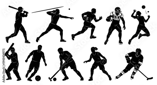Various sports players in action poses with balls and bats on field