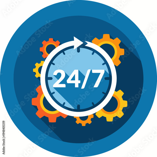 An artistic representation of 24/7 services featuring a clock surrounded by colorful gears, emphasizing constant availability and efficiency in various industries.