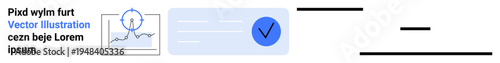 Data security, business analytics, verification, digital identity, workflow optimization, and technology applications. Graph with data trends, a check mark and text details. Data security