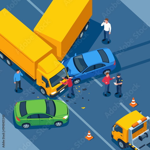 This image portrays a busy accident scene showcasing multiple vehicles, emergency responders, and bystanders, capturing the tension and urgency of road safety moments.