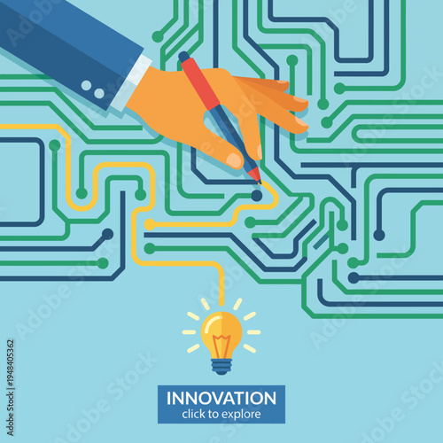This illustration features a hand drawing colorful circuits with a lightbulb symbol, representing innovation and creativity in technology and electronics industry.