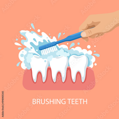 A colorful illustration depicting the act of brushing teeth, featuring a hand holding a toothbrush above teeth with water and bubbles, symbolizing dental hygiene.