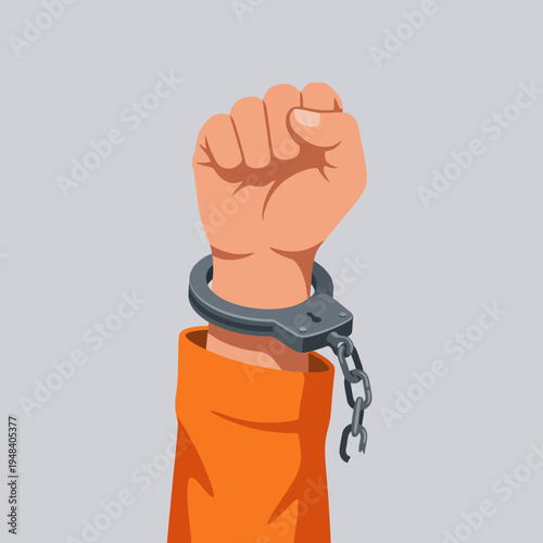 This image depicts a clenched fist with handcuffs, representing struggle and perseverance, suggesting themes of resistance and the fight for freedom and justice.