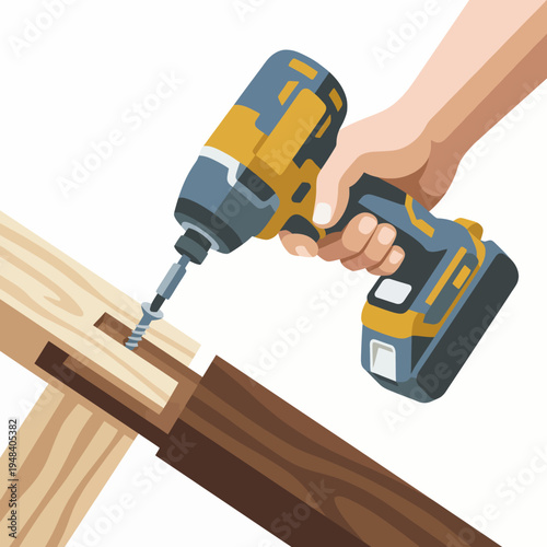 The image illustrates a hand using a power drill on wooden panels, symbolizing craftsmanship, creativity, and the act of building something valuable and practical.