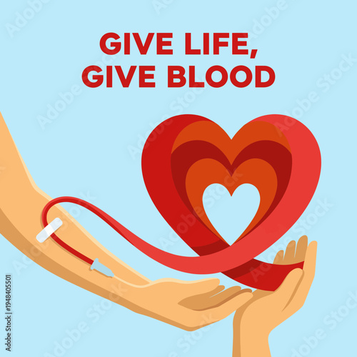 This image promotes blood donation with a heart and an infusion, symbolizing giving life, ideal for campaigns raising awareness about the importance of saving lives through donations.