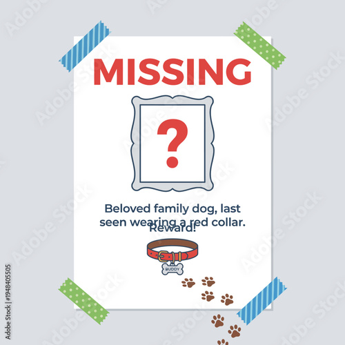 A missing dog poster featuring a question mark, colorful tape, and a reward offer. The image emphasizes the emotional aspect of lost pets and the hope of reunion.