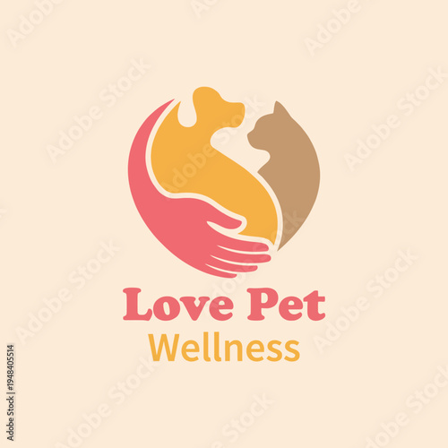 This logo beautifully combines the shape of a dog and a cat with a human hand, symbolizing care and love for pets and their wellness in a warm, inviting design.
