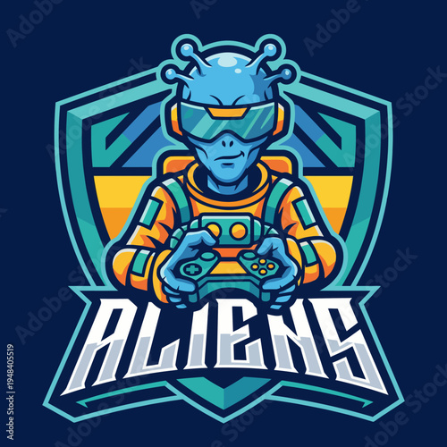 This vibrant image features a blue alien character wearing stylish sunglasses and an orange suit while playing video games, emphasizing gaming culture and extraterrestrial themes.