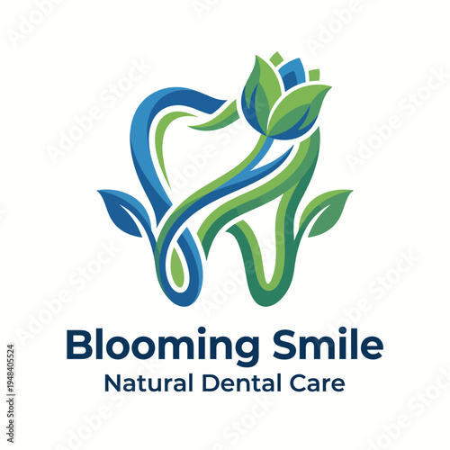 This image features a modern logo design for dental care, integrating a tooth shape with blooming flowers, symbolizing health, nature, and beauty in dental services.