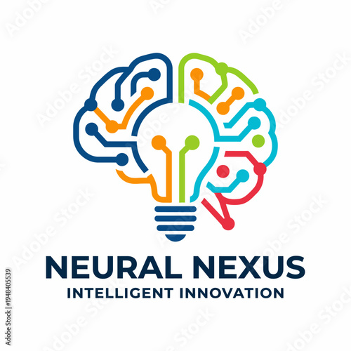 This image features a creative logo design combining a brain and a light bulb, symbolizing intelligent innovation and neural connectivity in modern technology contexts.