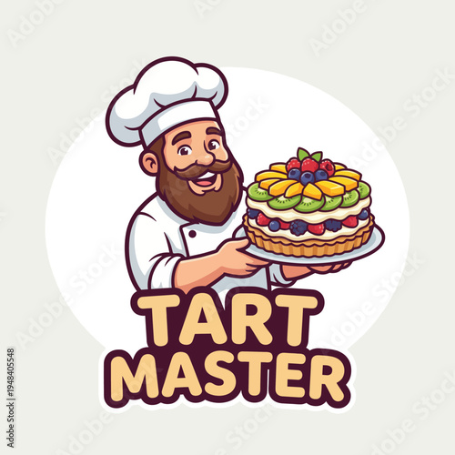 This image displays a cheerful chef in a white uniform proudly presenting a beautifully decorated tart, emphasizing the art of baking and delicious dessert creation.