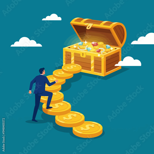A motivational concept illustration showing a businessman stepping on coins leading up to a treasure chest filled with wealth, emphasizing ambition and success.