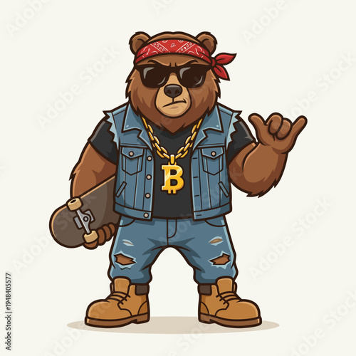 A cool stylized bear character dressed in streetwear with sunglasses and accessories, projecting a playful and fun attitude for a youth-centric brand.