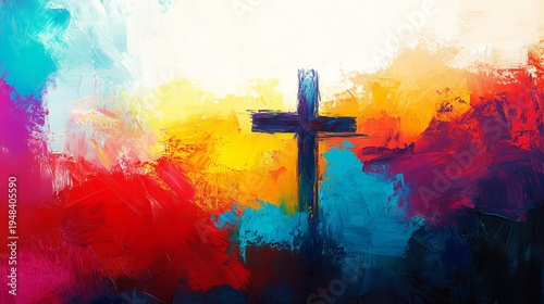 A vibrant abstract painting of a cross on a colorful background symbolizing faith and spirituality