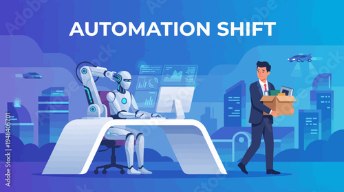 The image shows a humanoid robot next to a businessman carrying a box, representing the ongoing shift to automation in workplaces and its impact on human jobs and industries.