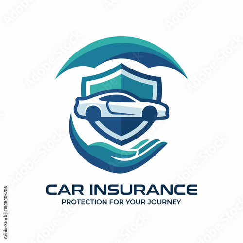 This graphic depicts a stylized car within a shield, symbolizing car insurance and protection for drivers, emphasizing safety and coverage for journeys on the road.