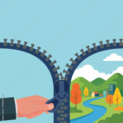 This image creatively depicts a zipper opening up to reveal a vibrant natural landscape, symbolizing the connection between nature and urban life in a playful manner.