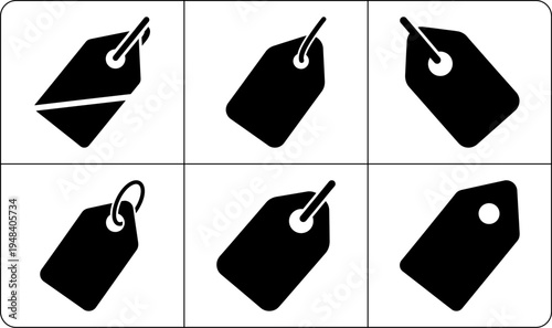 A set of black price tags in silhouette on a white background, used for product identification and labeling in retail and commerce.