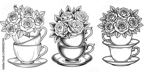 Vintage teacup with rose flowers bouquet vector set in engraving style.