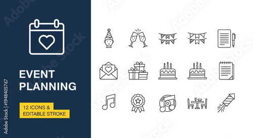 Comprehensive Set of Event Planning and Celebration Line Icons Modern Outline Design for Party Organization and Festive Occasions