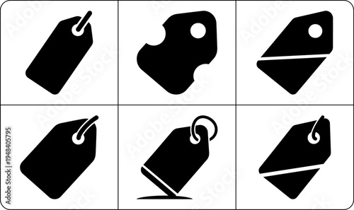 A set of black price tags in silhouette mode on a white background, showcasing various shapes and orientations.