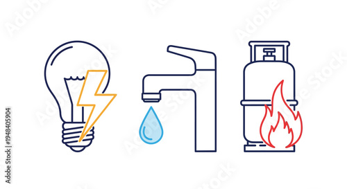 Comprehensive representation of essential household utilities electricity, water, and gas, depicted with modern line art icons for resource management and daily living