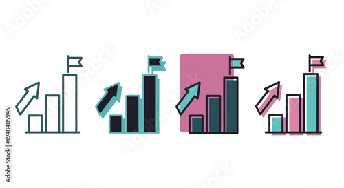 Vector illustration of a rising bar graph with an arrow and flag, symbolizing business growth, financial success, and strategic goal achievement icons