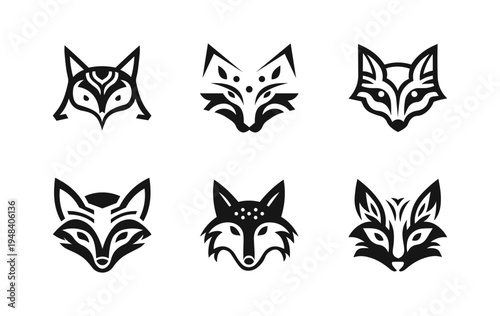 Minimalist black and white fox head icons set vector illustration