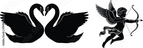 Black silhouettes of two swans forming a heart shape and a flying cupid with bow and arrow for wedding romance.